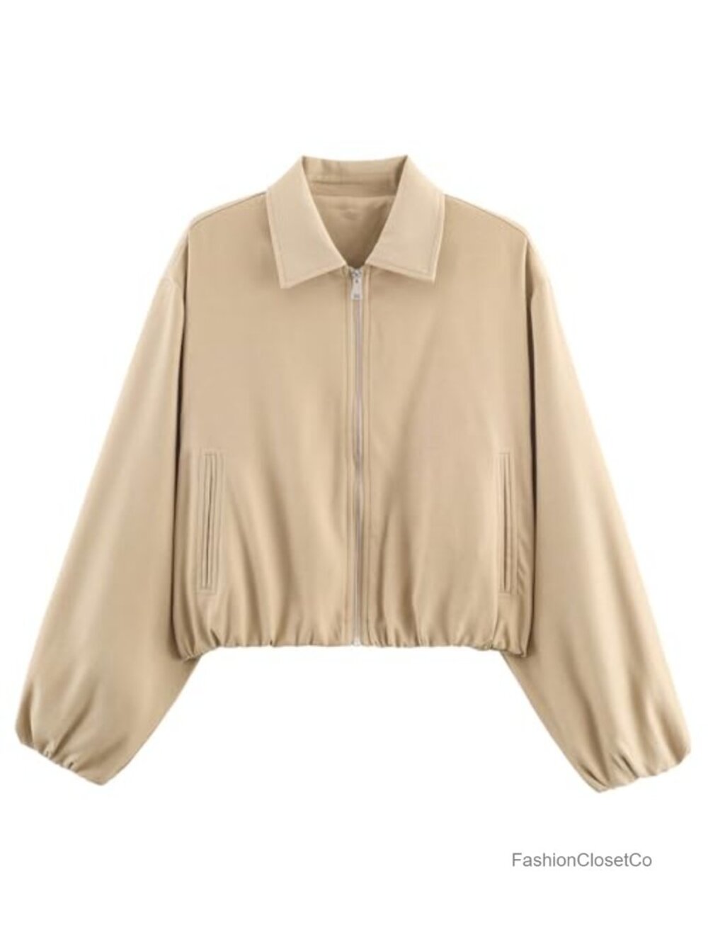 Women's Cropped Bomber Jacket Puffer Sleeve Zip Up Lightweight Fall